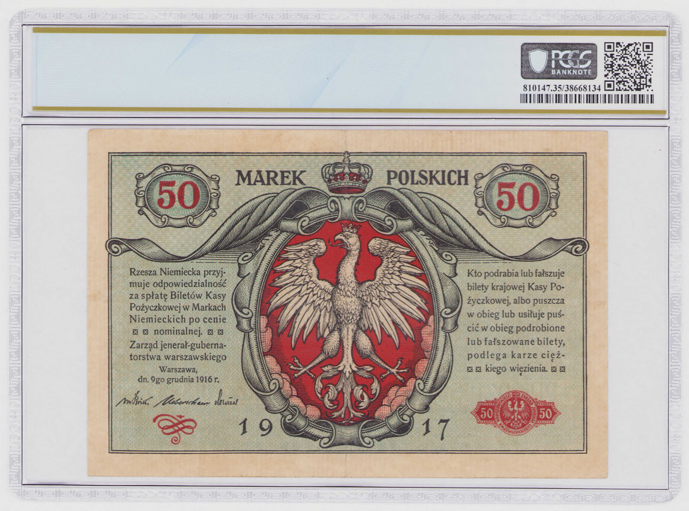50 marek polskich 1916 seria A - jenerał, Biletów, PCGS 35
